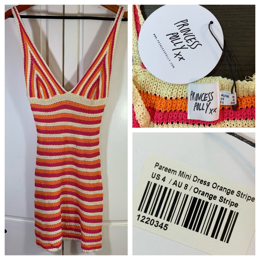 Princess Polly Pareem‎ Mini Dress US 4 Crochet Stripe Sexy Cottagecore Knitwear - Picture 14 of 14